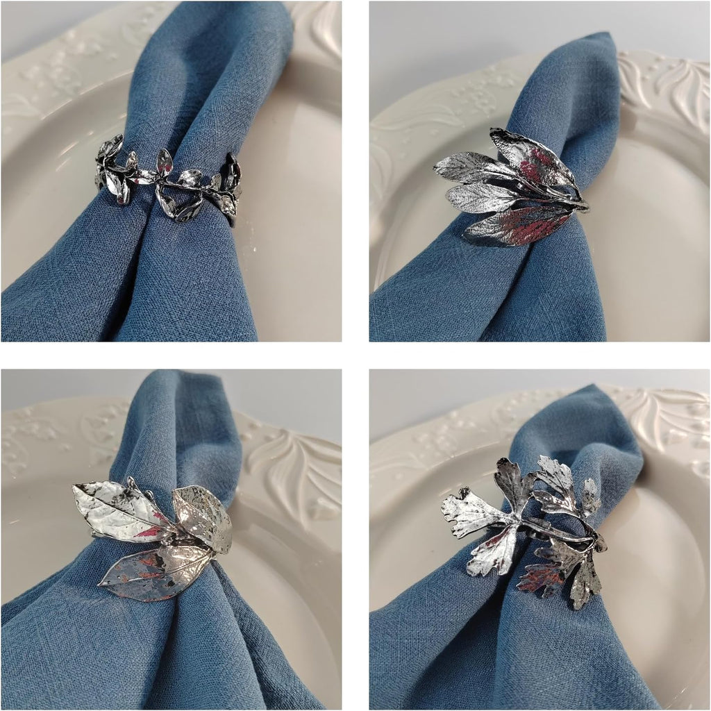 Elegant Vintage Silver Herb Napkin Rings - Glossy Leaf Napkin Holders, Metal Table Adornment for Christmas - Set of 12