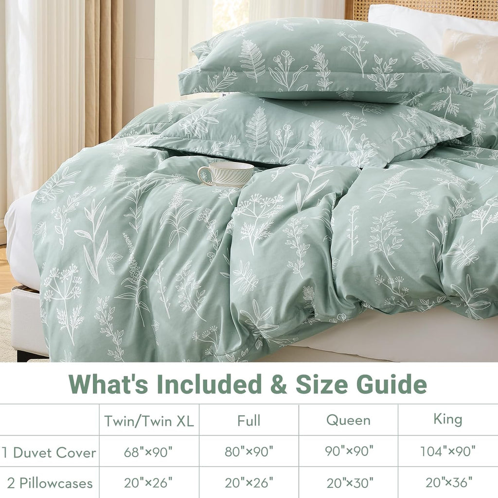 Duvet Cover Queen, Reversible Floral Green Duvet Cover Set with Zipper Closure, 3 Pieces Botanical Patterns Soft