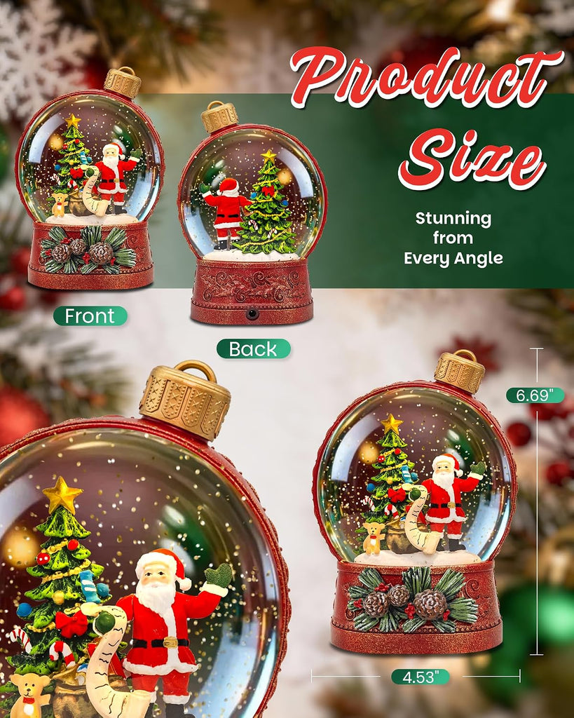 Christmas Santa Snow Globe Light up Lantern with 8 Songs, 6.69" Red Christmas Snow Globes for Kids Adults, 6H Timer &