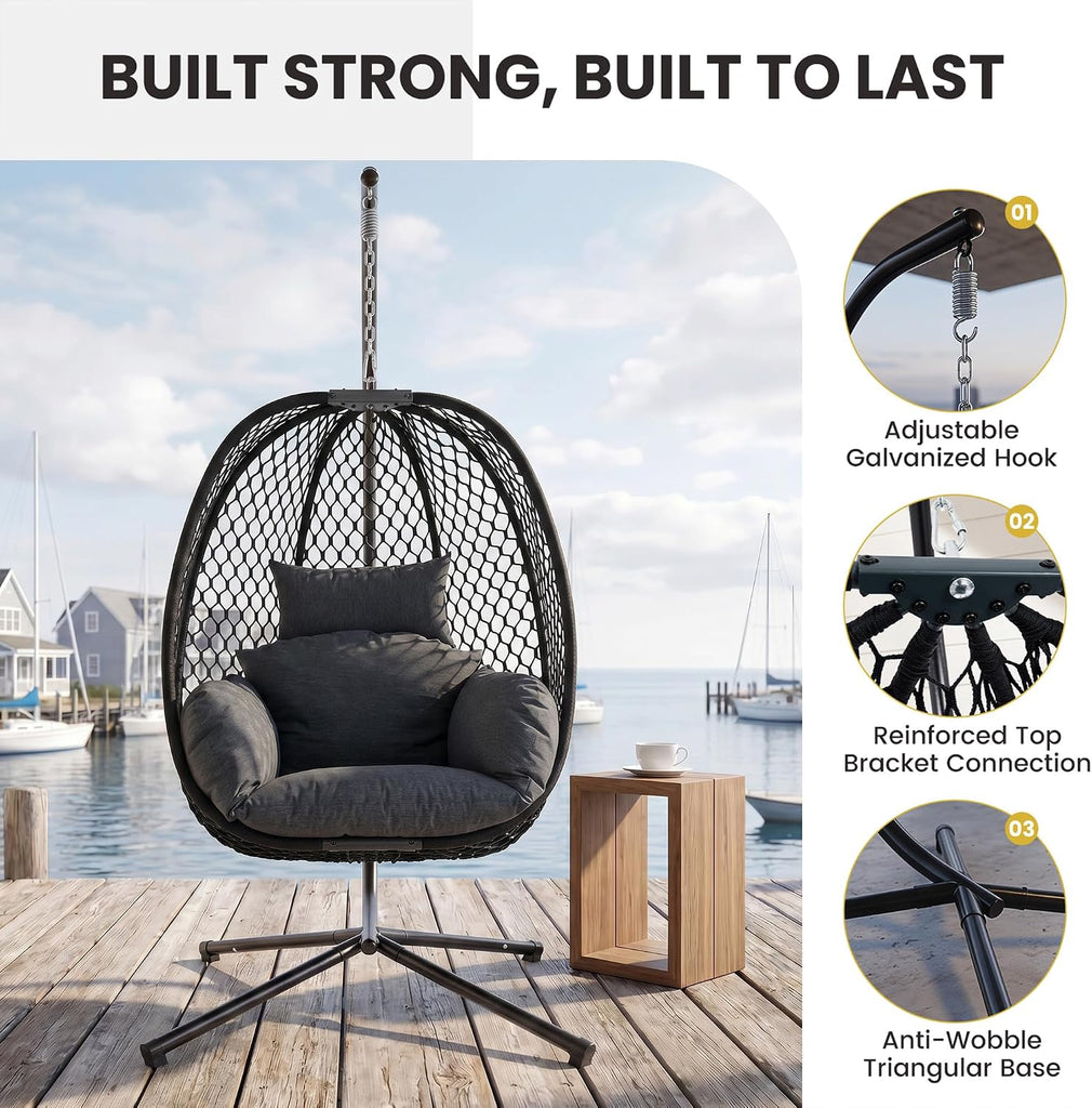 Egg Chair Outdoor with Stand, 400lbs Wicker Hanging Egg Swing Chair, Porch Swing Rocking Chair with Thick Cushion
