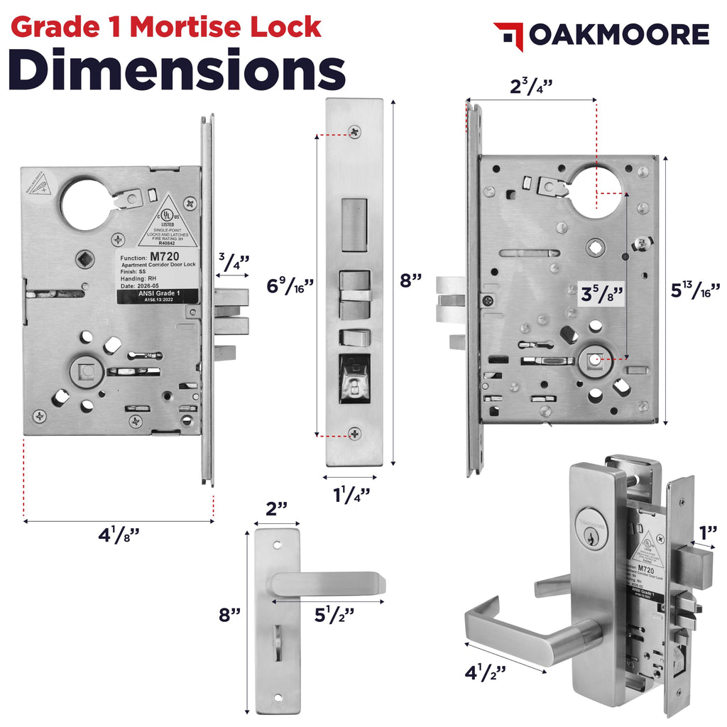 Grade 1 Commercial Mortise Lock Set, F20 Apartment Corridor Function, Escutcheon Panel Trim, Satin Stainless Steel