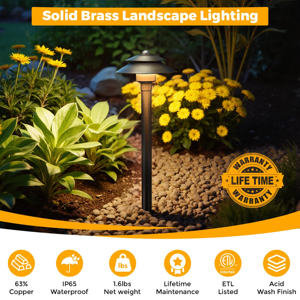 Solid Brass Low Voltage Landscape Pathway Lights -12 Pack (6'' Shade, 19'' Tall), 12V LED Heavy Duty Path Lighting