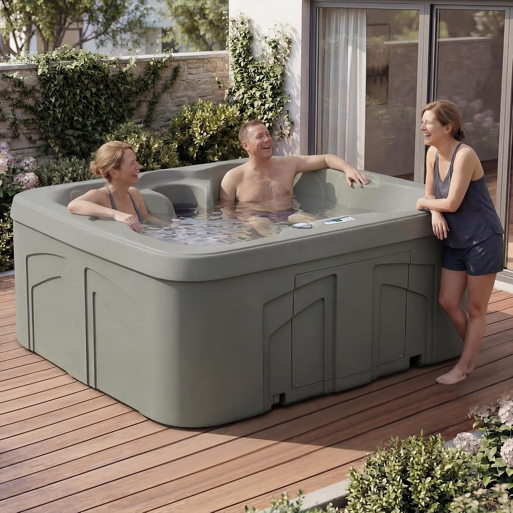 4-Person Plug & Play 13-Jet Hot Tub Spa and Thermal Cover, Taupe | Square Outdoor Spa with 1.0 HP Pump, Cover and LED