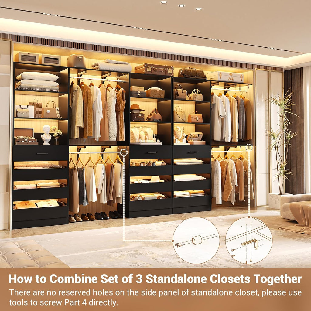 Closet System with 12 Drawers, 138.5" Wood Closet Organizer System with 4 Hanging Rods & Top Shelves, 6.7+4.85Ft L
