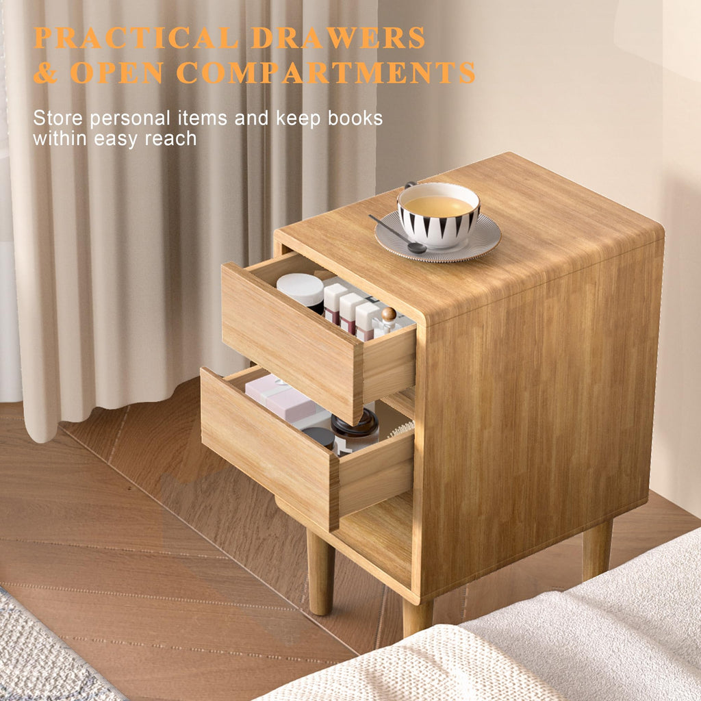 Nightstand 2 Drawers with Open Shelf Narrow Night Stand Solid Wood Bedside Table Mid Century Modern Nightstand Wooden