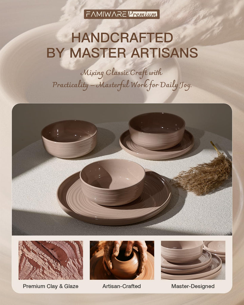 Stoneware Dinnerware Sets for 4, Plates and Bowls, Brown