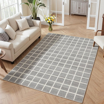 Grey Modern Plaid Geometric Washable Rug