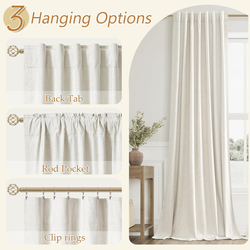 Cream 100% Blackout Linen Curtains 96 Inch Length Ceiling to Floor 2 Panels 8 FT for Living Room Bedroom Back Tab