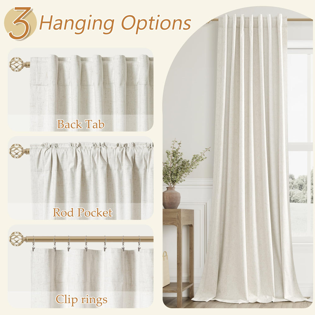 Extra Long 100% Blackout Linen Curtains 108 Inches Cream