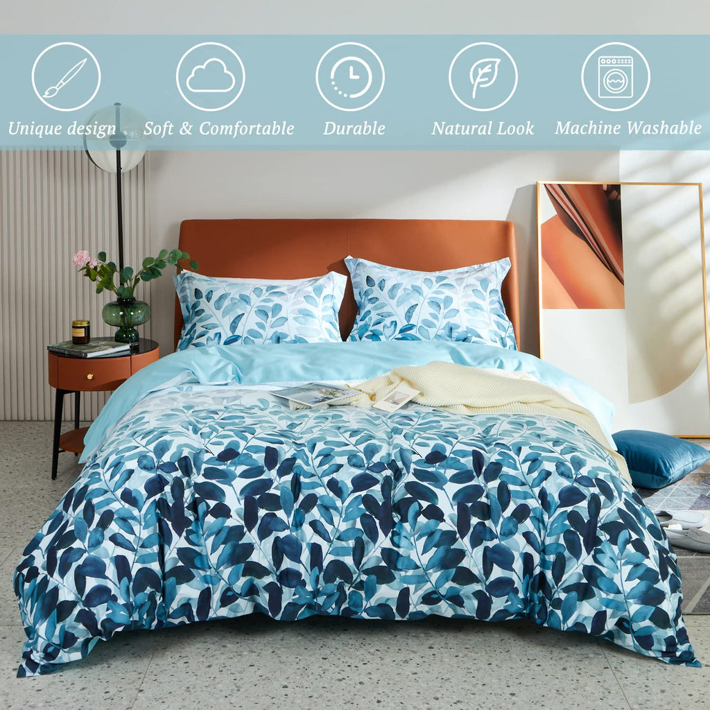100% Long Staple Cotton Duvet Cover Set Gradient Blue Leaves Printed Comforter Cover Set Farmhouse Plant Comforter