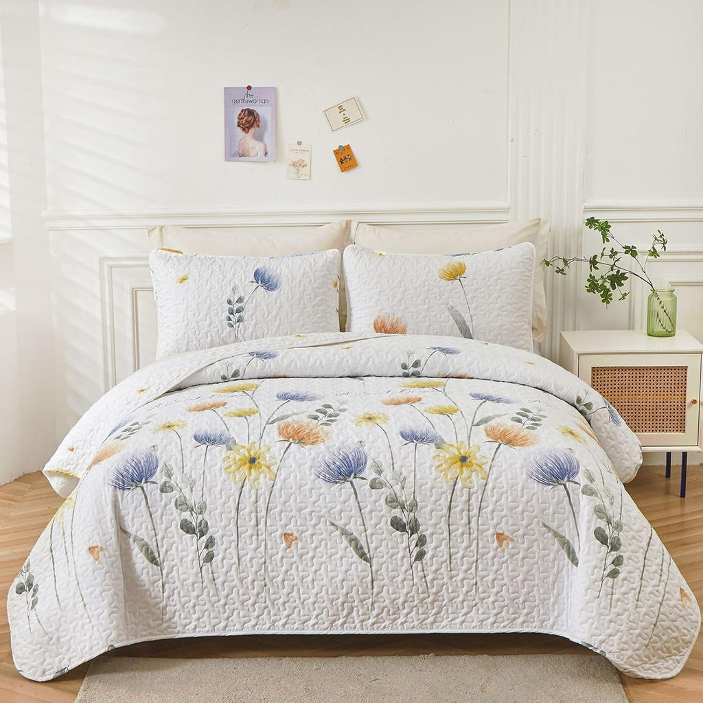 Floral Quilt Set Queen 3 Pieces Blue & Yellow Quilts Bedding Set Bohemian Bedspread Bed Cover Lightweight Spring