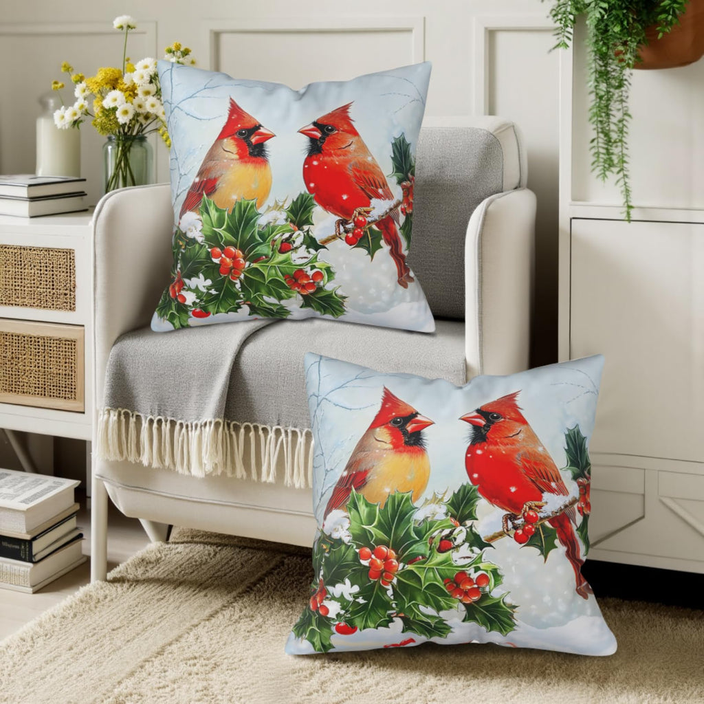 Cardinal Birds Pillow Covers Winter Throw Pillow Covers 20x20 Set of 2 Red Birds Holly Berry Pillow Case Christmas