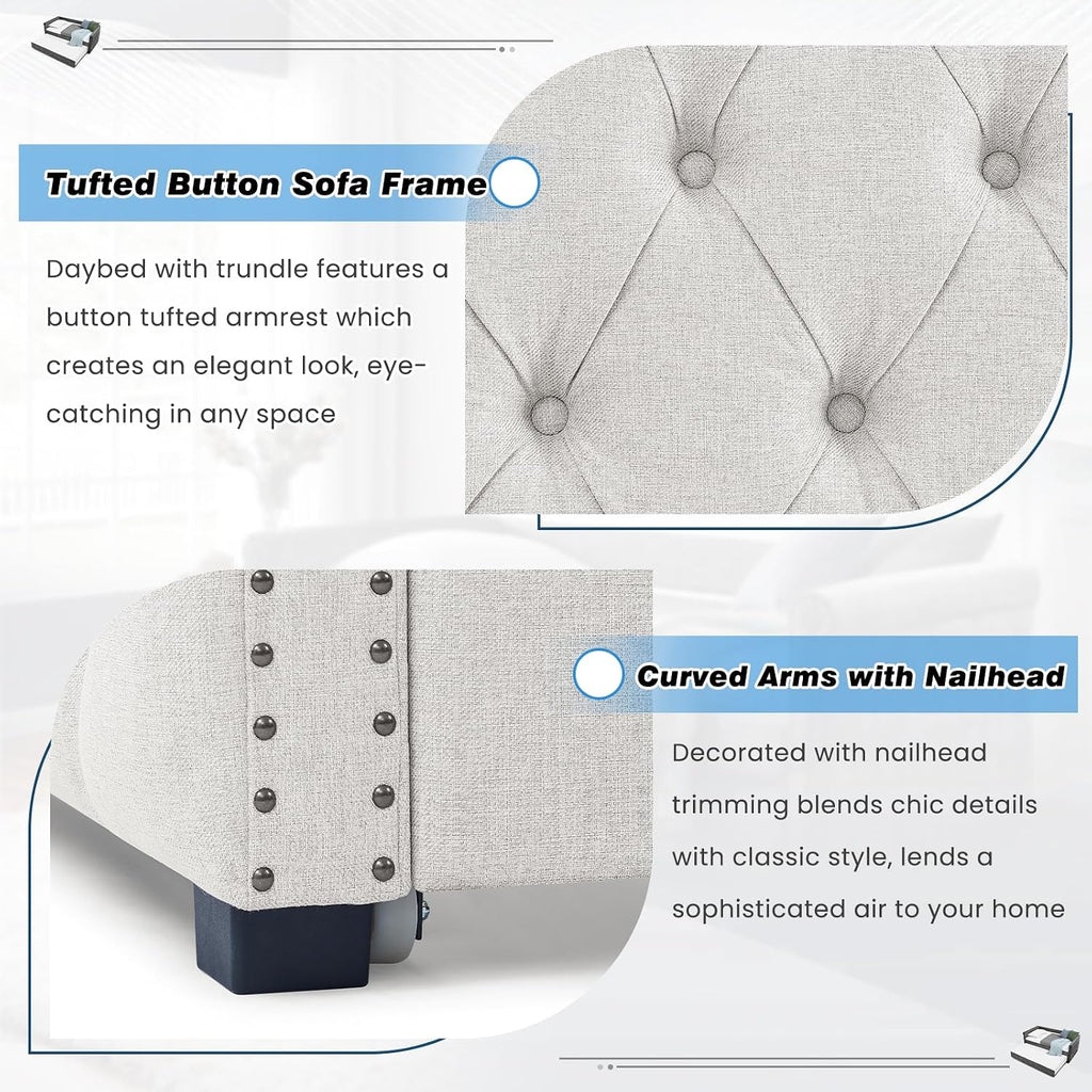 Daybed with Trundle, Modern Upholstered Full Size Button-Tufted Sofa Bed Frame with A Roll-Out Trundle, No Box Spring