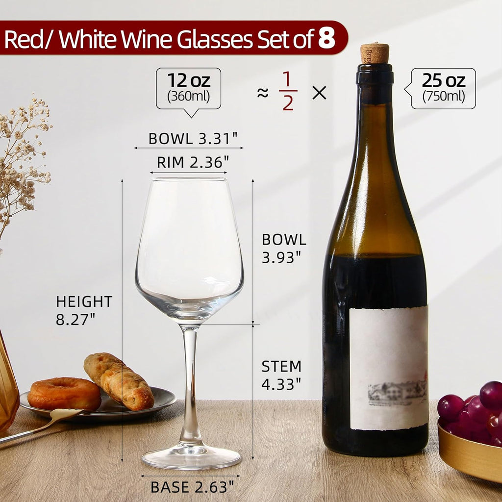 Wine Glasses Set of 8, 12oz Clear Red/White, Long Stem Wine Glasses and Home