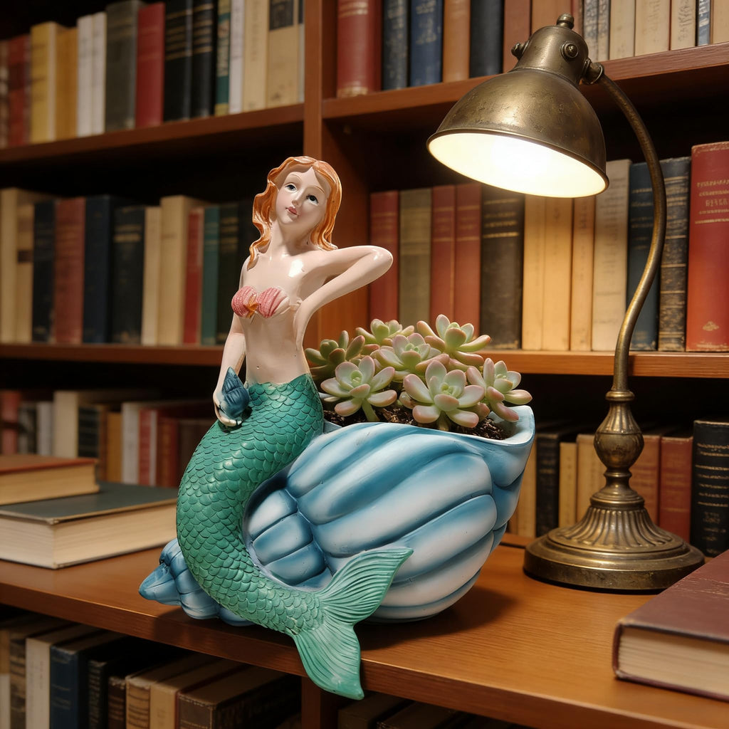 Mermaid Resin Planter Statue, Conch Base Succulent Flower Pot Garden Nautical Decor (Blue)
