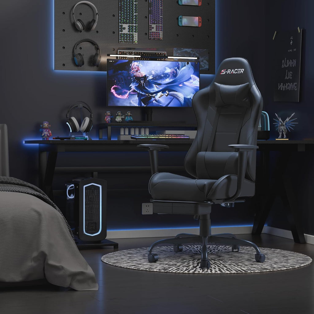 Gaming Chairs, Computer Chair with Footrest and Massage Lumbar Support, Height Adjustable Game Chair with Headrest