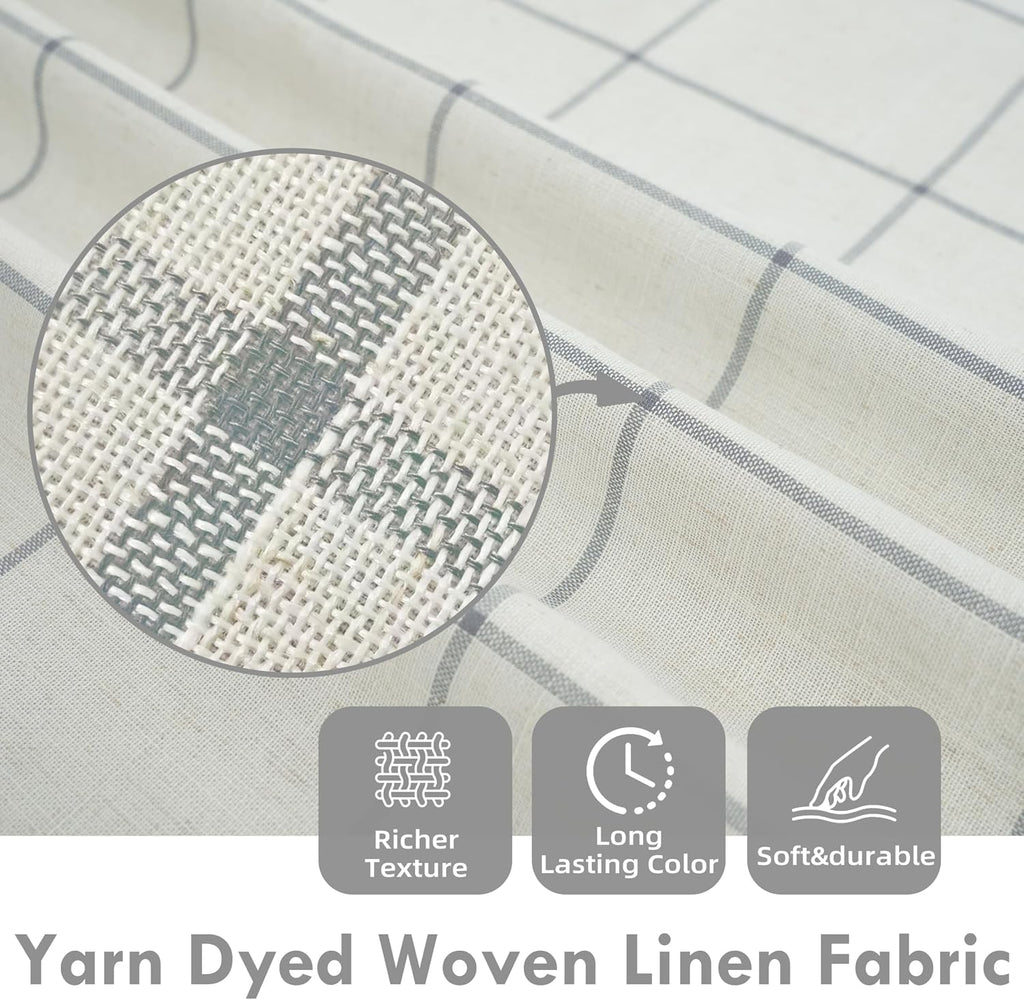100% Blackout Windowpane Plaid Linen Curtains Double Layer Farmhouse Drapes 96 Inches Long for Living Room Bedroom
