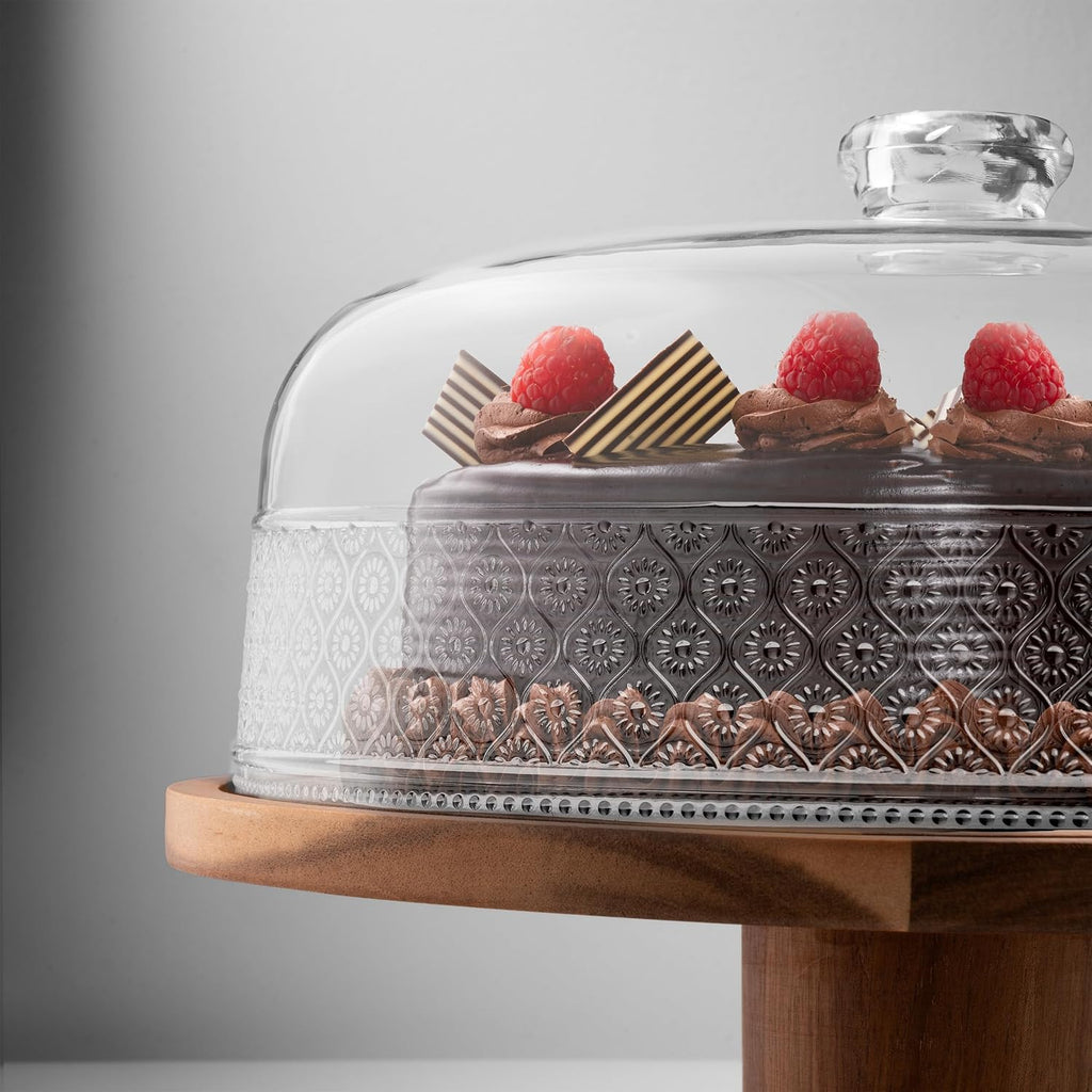 Cake Stand, Footed Cake Plate with Dome, Acacia Wood and Shaterproof Acrylic Lid, Wood Cake Stand with Dome Vintage