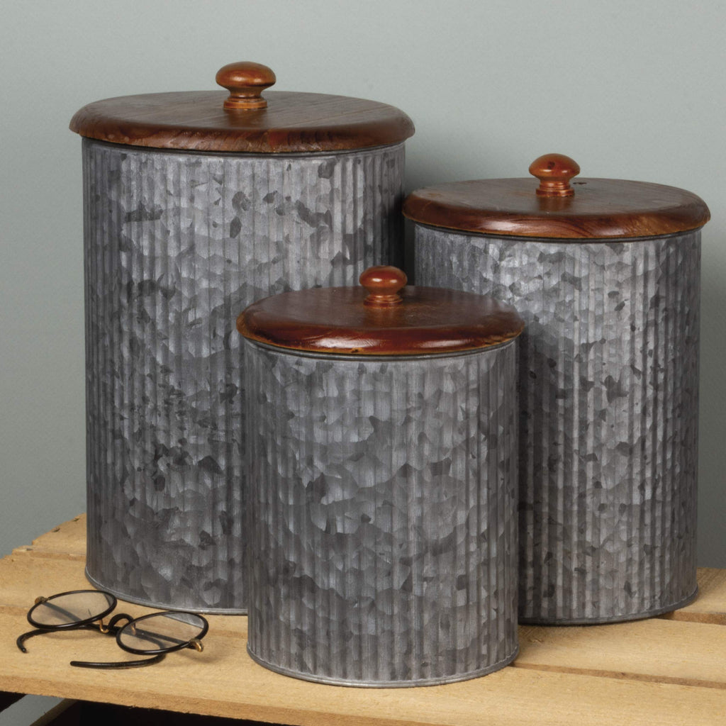 Rustic Style Canisters, Set of 3, Galvanized Metal and Wood