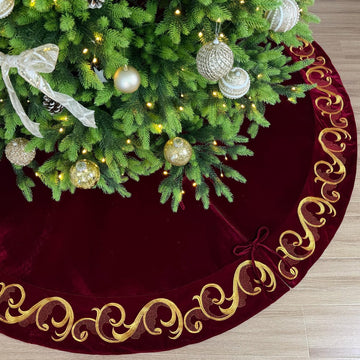 84-Inch Velvet Christmas Tree Skirt with Golden Swirl Embroidery and Lace Tie Closures, Burgundy