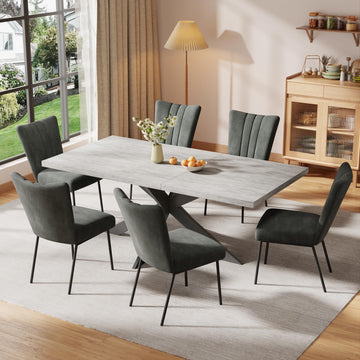 6-Piece Extendable Dining Table Set, Modern 63''-79'' Grey Wood Table with 6 Grey Fabric Chairs, Dining Room Table