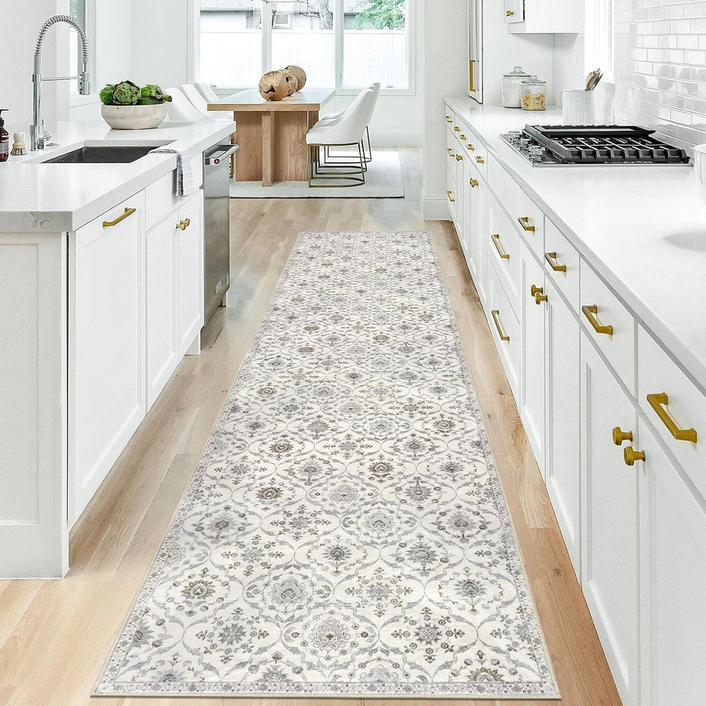2.6x10 Moroccan Runner Rug, Cream Beige Grey Super Soft Washable Hallway Entryway Runner Rug, Accent