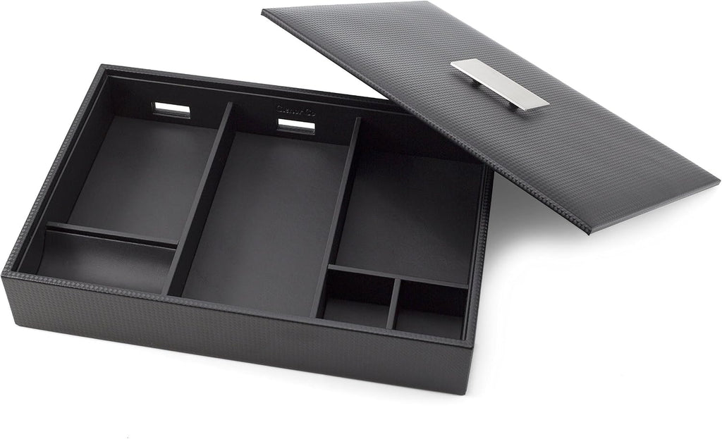 Mens Valet Tray/Dresser Organizer & Lid - 6 Slot Luxury Jewelry Accessories Box, Carbon Fiber Design & Metal Buckle
