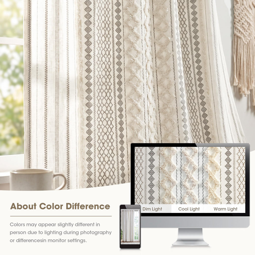 100% Cotton Boho Window Curtain, Single Panel, 50x84 Ivory