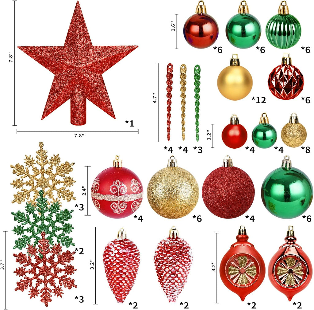 Christmas Ball Ornaments with Tree Topper, Hanging Xmas Decorations - Set of 100