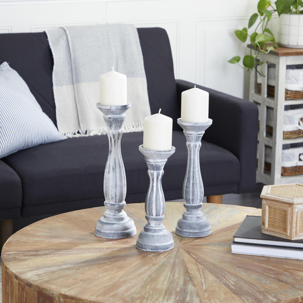 Wooden Decorative Candle Holder Distressed Turned Candle Stand, Set of 3 Candlestick Holder 15", 13", 11"H, Gray