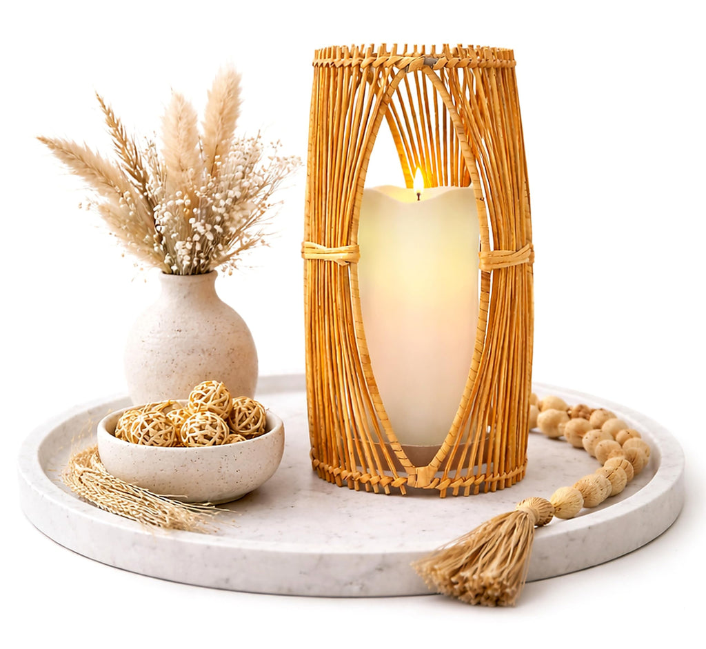 Handmade Boho Rattan Lantern - Rattan Lantern with Metal Frame for Indoor and Outdoor Home Decor, Decorative