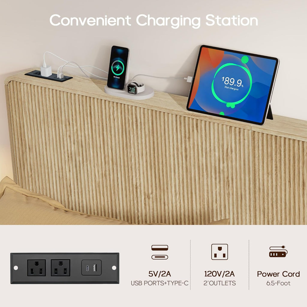 Wood Fluted Headboard King, Modern Wall Mounted Headboard King Headboard Only with 2 Outlets and USB & Type C Port