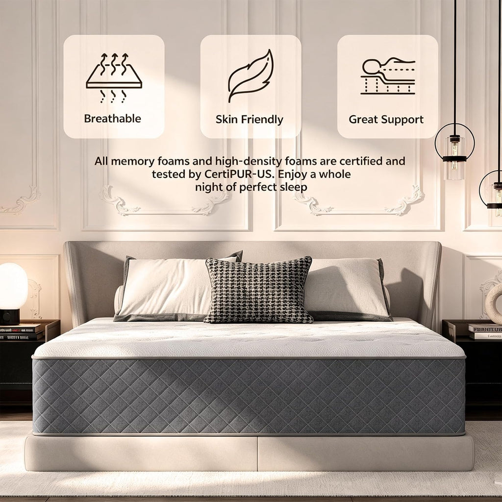 King Size Mattress, 12 Inch King Mattress Hybrid Medium Firm, 7-Zone Pocket Spring Memory Foam Mattress in a Box for