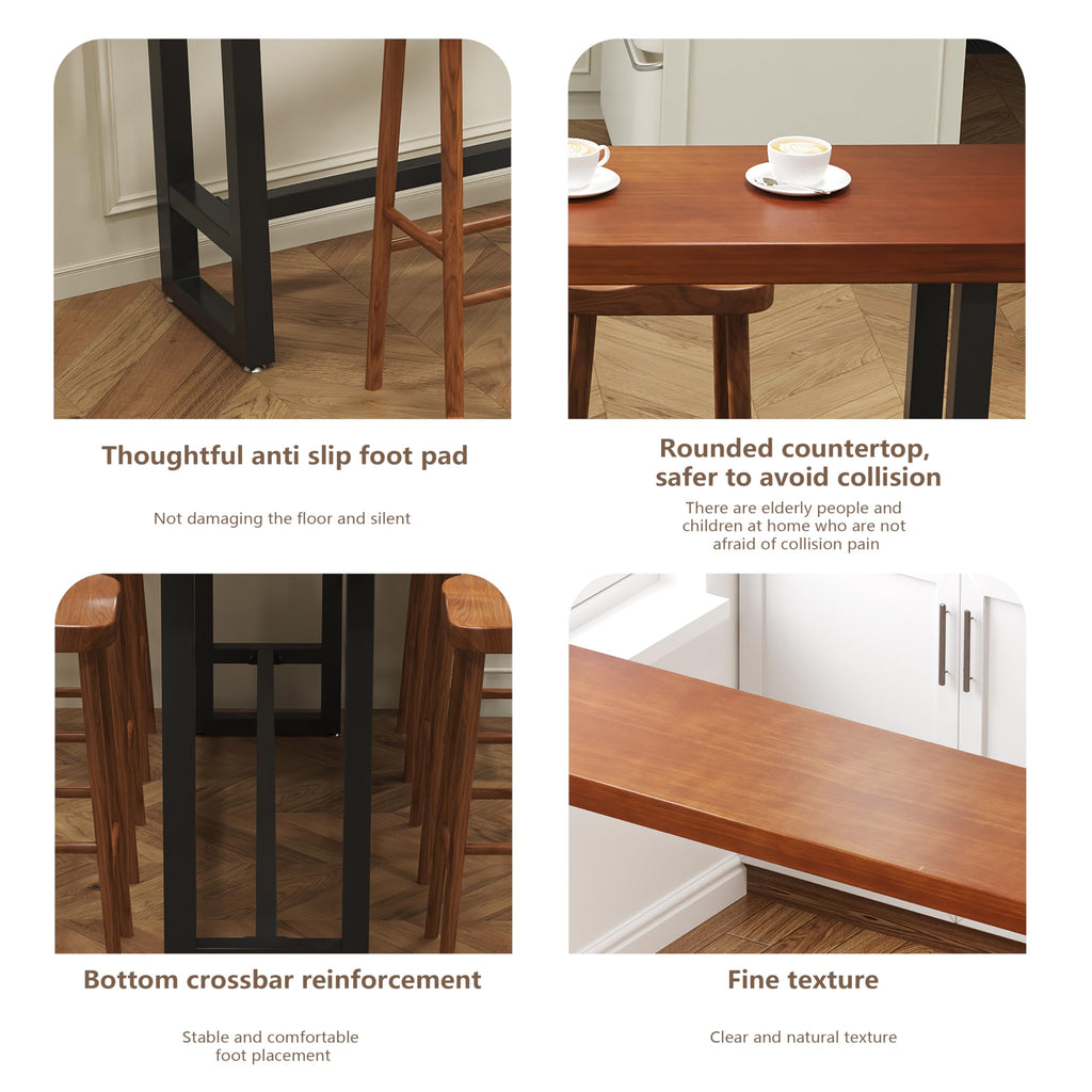 55in Dark Brown Solid Wood Bar Height Pub Table - Built-in Footrest, Solid Wood Top & Sturdy Metal Legs | Counter