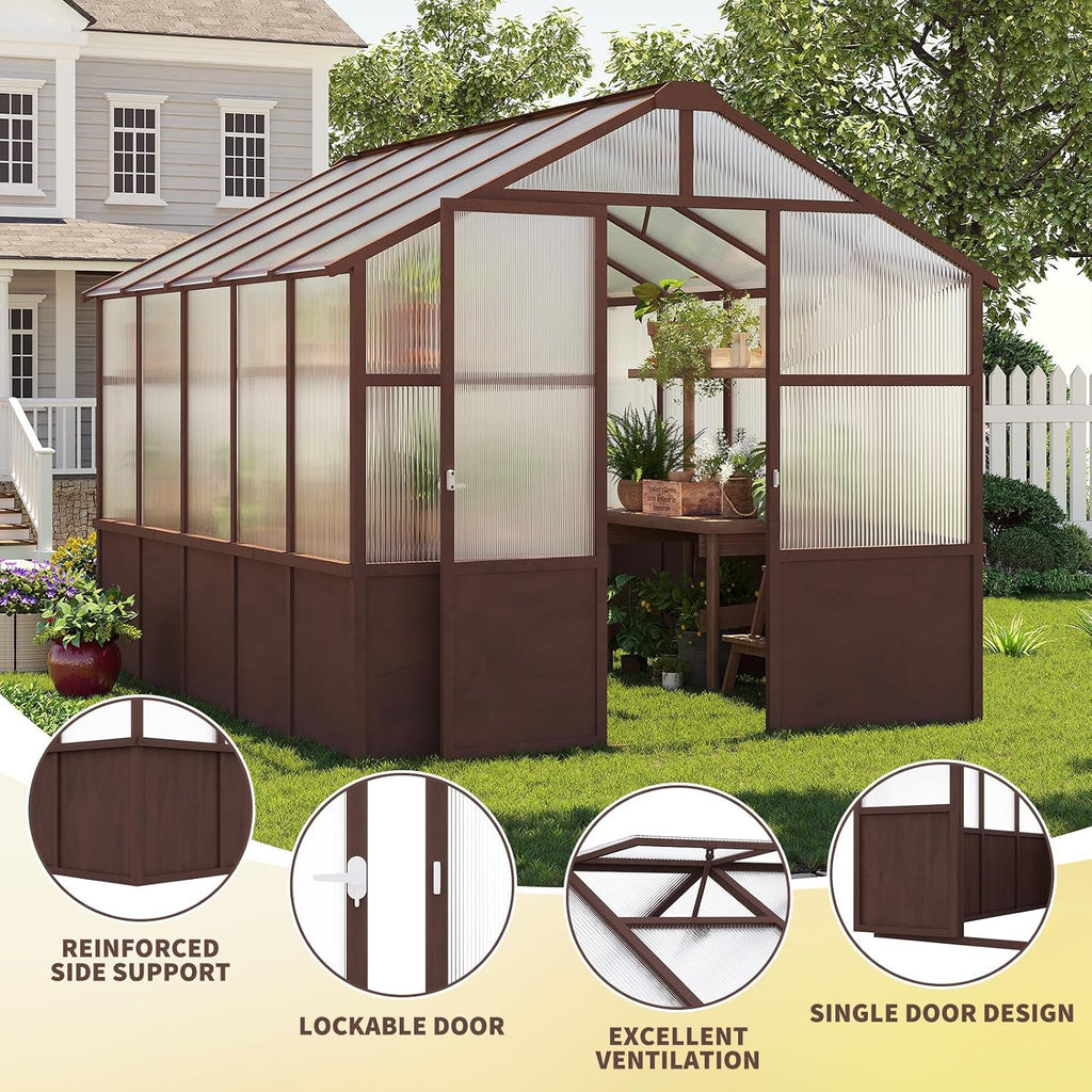 8x10 FT Outdoor Wooden Walk-in Greenhouse, Heavy Duty Pine Wood Green House with 6MM Thick Polycarbonate Panels