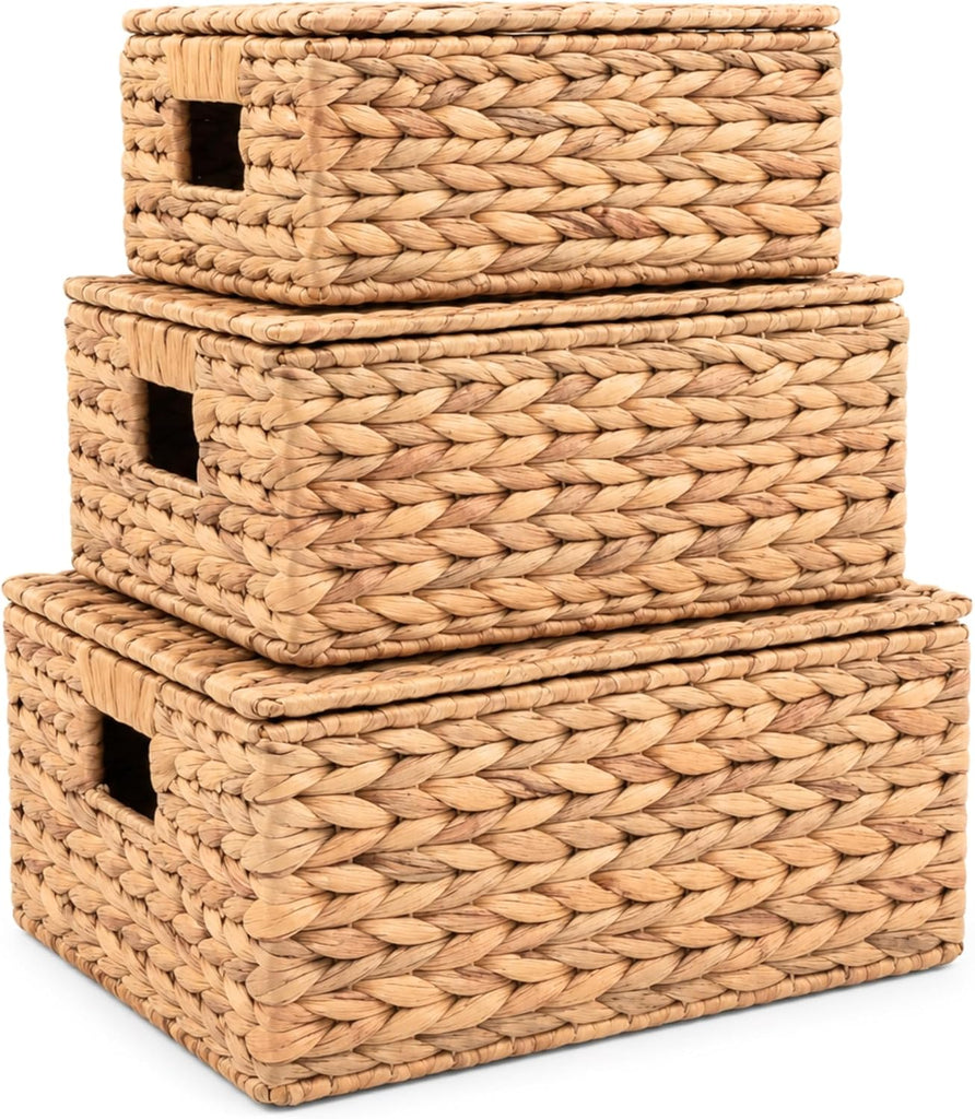 Set of 3 Wicker Baskets with Lid - Woven Storage Basket with Lid - Decorative Storage Boxes and Shelves