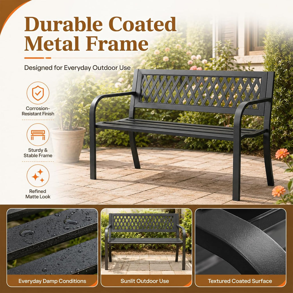 Garden Bench, Outdoor Metal Park Bench with Backrest and Armrests, 500 Lbs Static Load Tested, Black Patio Bench for