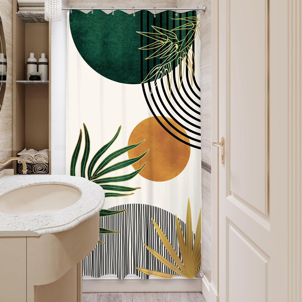 Small Stall Mid Century Green Boho Half Bathroom Shower Curtain Set