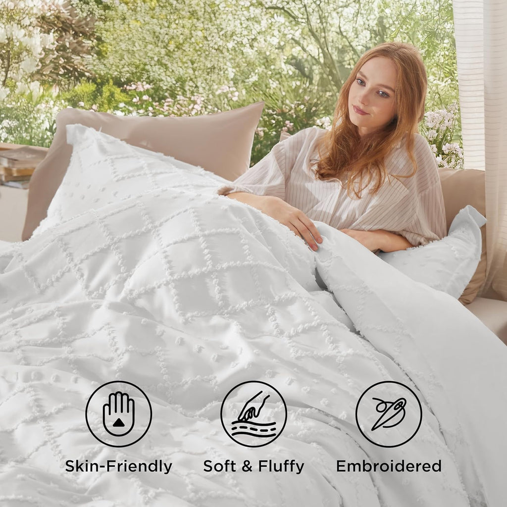 Boho Duvet Cover King - Boho Bedding, Tufted King Duvet Cover for All Seasons, 3 Pieces Embroidery Distressed Vintage