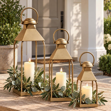 Antique Gold Decorative Metal Lanterns Indoor Outdoor Set of 3