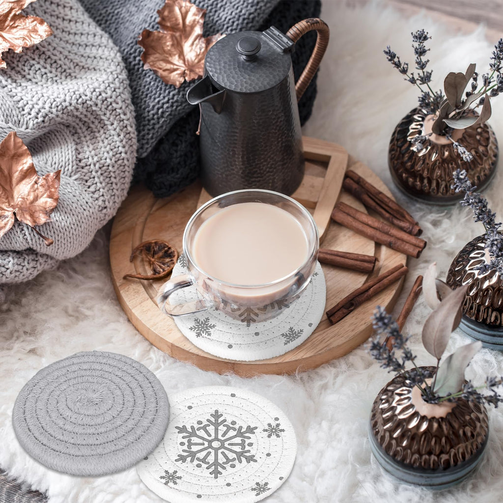 Winter Snowflake Handmade Braided Cotton Coasters Christmas Grey Snowflake Drink Coasters Absorbent Cup Coasters for