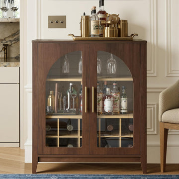 31.5" Coffee Bar Cabinet with Glass Doors, Arched Doors, Walnut | Mid Century Modern Sideboard with Wine Rack & Glass