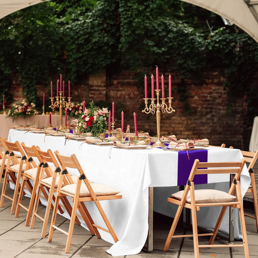 12Pack 12x108 Inch Satin Table Runner and 54x108Inch Plastic Tablecloths Set White Purple Disposable Rectangle Table