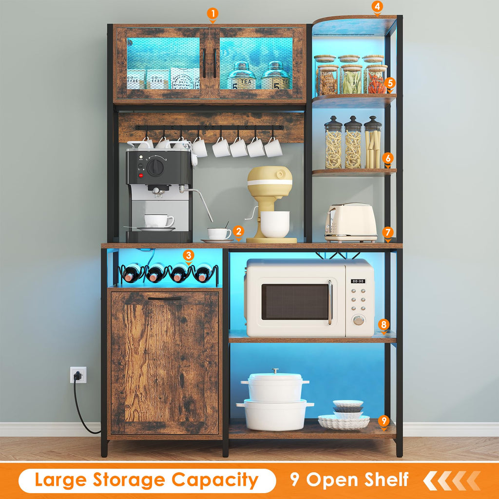 Bakers Rack with Power Outlet and LED Light, 42.5 inch Industrial Coffee Bar Cabinet with Trash Can Storage Bin