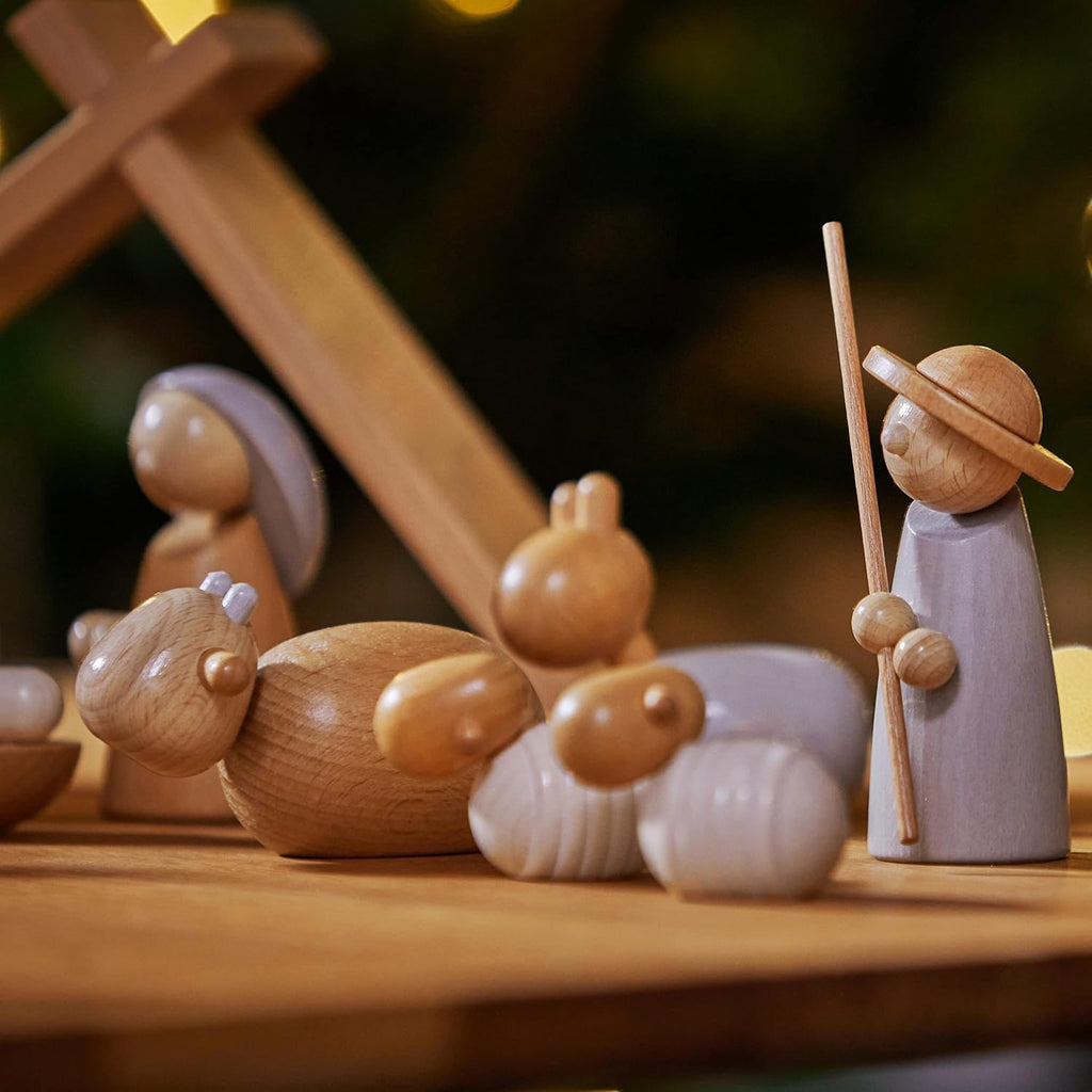 Wooden Nativity Set - Family Keepsake Manger Scene & Nativity Set for Kids in Natural Colors - 13 Sturdy Beechwood
