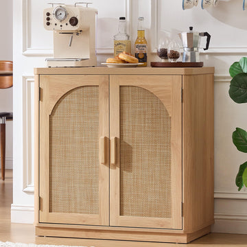 Rattan Sideboard Buffet Cabinet with Storage, 31.5" Coffee Bar Cabinet with Arch Doors & Adjustable Shelves, Wood