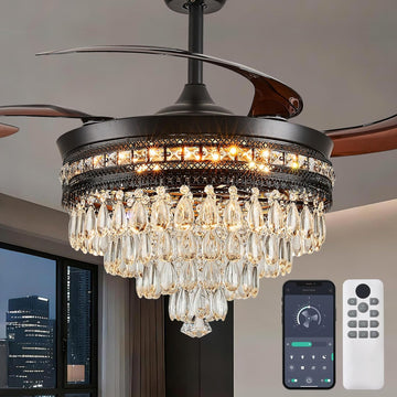 48" Retractable Crystal Ceiling Fans with Lights, Modern Black
