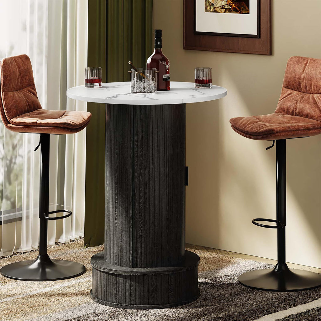 Round Bar Table with 2-Tier Hidden Storage, 38.1" High Top Bistro Pub Table with Footrest, Rustic Coffee Cocktail