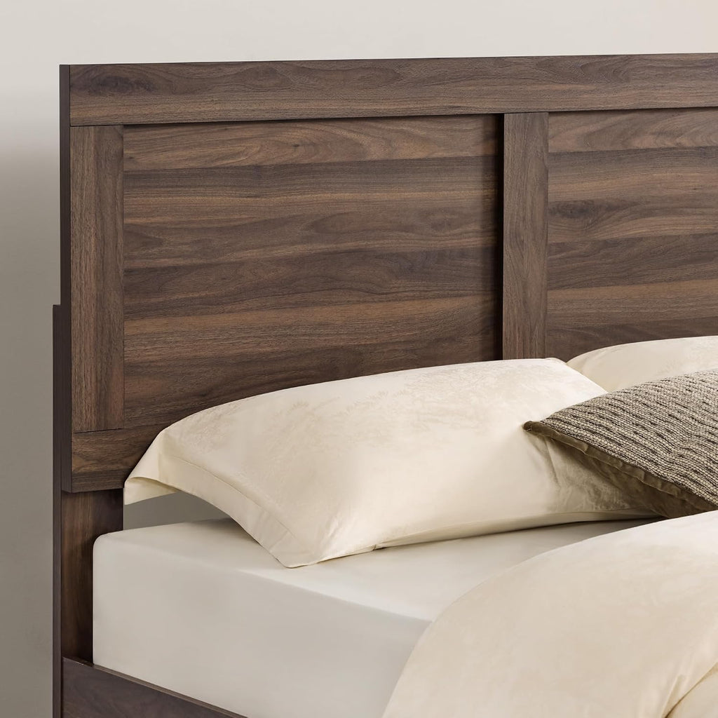 Wood Bed Frame with Headboard and Footboard, Walnut, Queen
