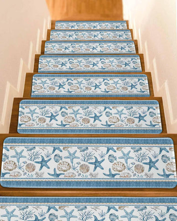Stair Treads for Wooden Steps, Ocean Starfish Coastal Coral Summer Nautical Non Slip Stair Carpet Indoor Stair Runner